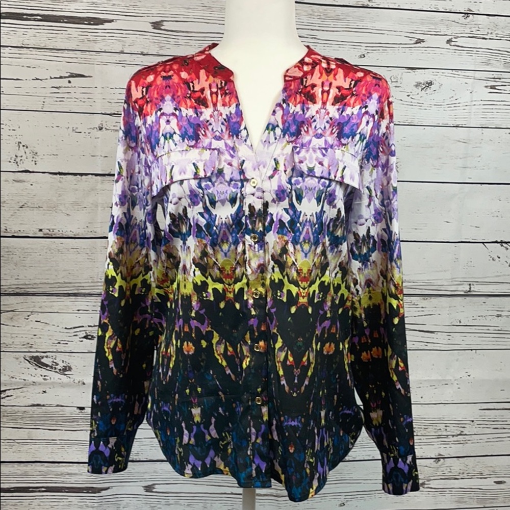 Calvin Klein- Button up, roll sleeve top, multi colored